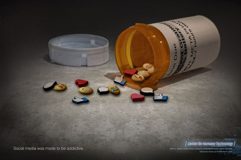 A pill bottle spilling social media engagement icons.